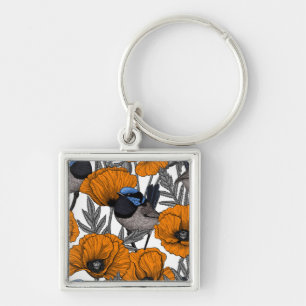 Feen-Zaunkönige und orange Mohnblumen 2 Schlüsselanhänger