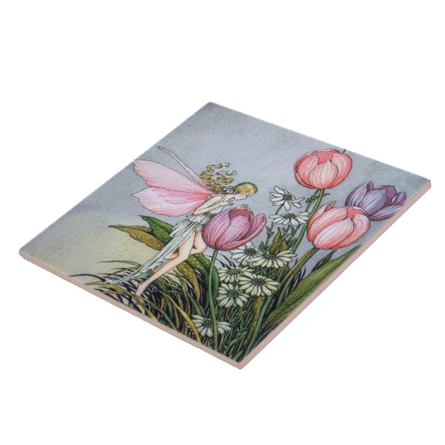 Feenfigur mit Tulpen Keramikfliese (Seite)