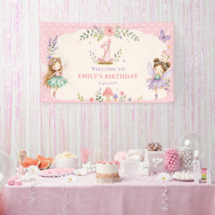 Feengarten zum ersten Geburtstag eines rosa Mädche Banner