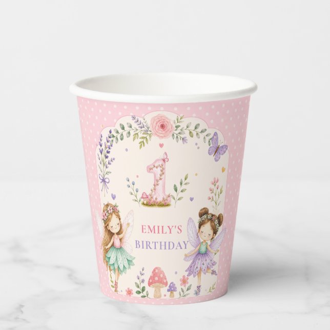 Feengarten zum ersten Geburtstag eines rosa Mädche Pappbecher (Vorderseite)