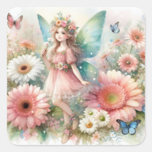 Feenland mit Blumen Aquarell  Quadratischer Aufkleber