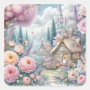 Feenland mit Blumen Aquarell  Quadratischer Aufkleber
