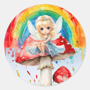 Feenpilz-Malerei-Regenbogen-Mädchen-Geburtstagsfei Runder Aufkleber