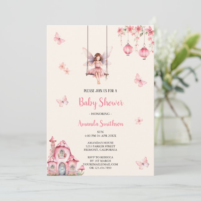 Feenrosa Babydusche Einladung (Stehend Vorderseite)