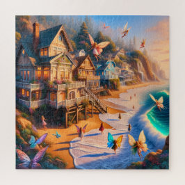 Feenstrandhäuser bei goldenem Sonnenuntergang Puzzle