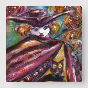 FEHLEN / Mysteriöse Maske mit Tricorn und Eule Quadratische Wanduhr