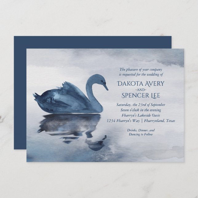 Fehlsichtigkeit | Dusty Blue Swan Lake Wedding Einladung (Vorne/Hinten)