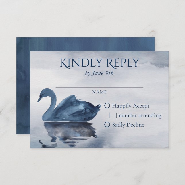 Fehlsichtigkeit | Dusty Blue Swan Lake Wedding RSVP Karte (Vorne/Hinten)