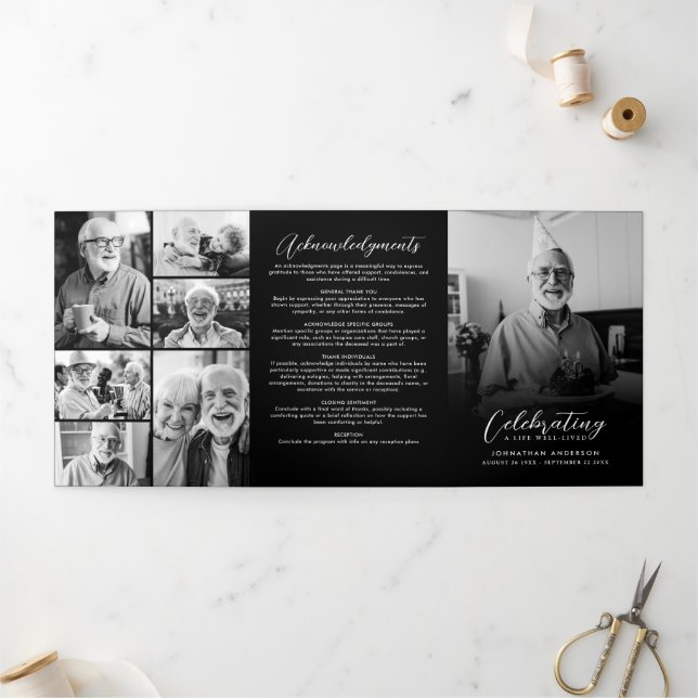 Feier des Lebens 10-Foto Collage Moderne Dreifach-gefaltete Programmkarte (Außenbereich)