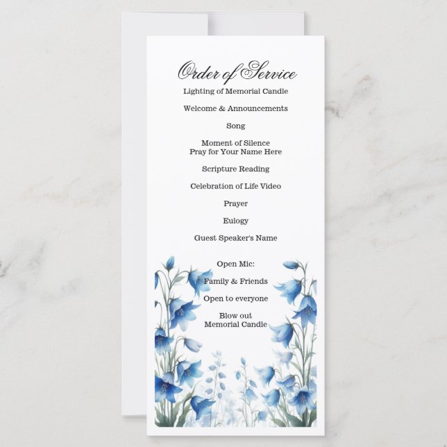 Feier des Lebens, Beerdigung, Gedenkdienst (Vorderseite)