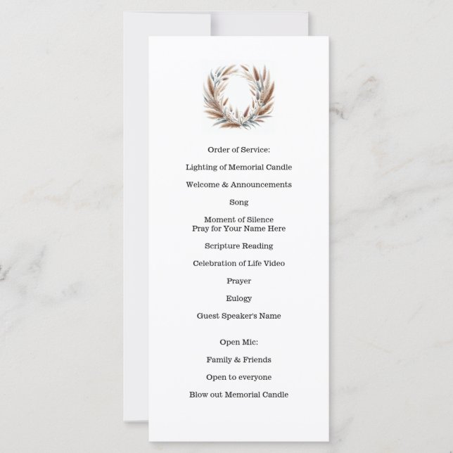 Feier des Lebens, Beerdigung, Gedenkdienst (Vorderseite)