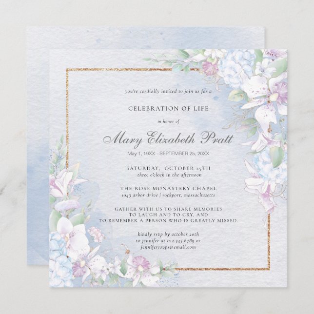 Feier des Lebens, blau und weiß Einladung (Vorne/Hinten)