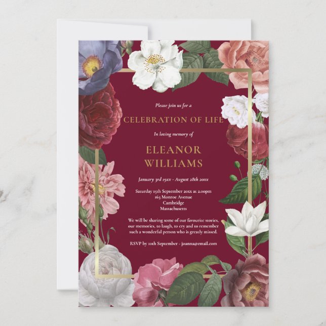 Feier des Lebens Burgund Rose Blumenkohl Einladung (Vorderseite)