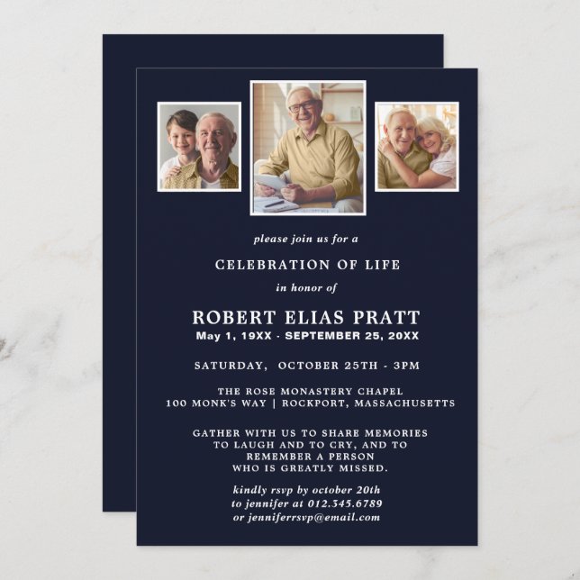Feier des Lebens Dunkelblau Weiß 3 Foto Einladung (Vorne/Hinten)