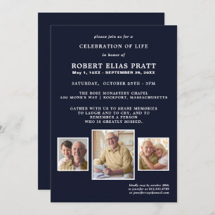 Feier des Lebens Dunkelblau Weiß 3 Foto Einladung