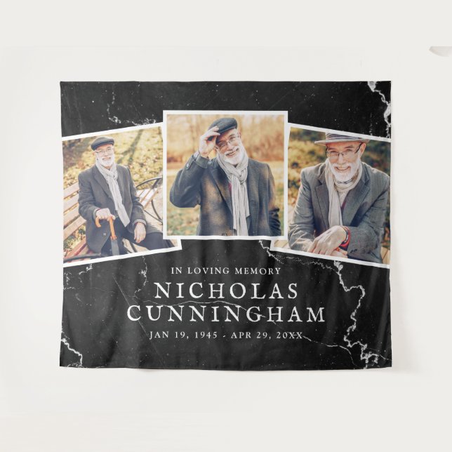 Feier des Lebens Dunkler Marmorstein Drei Foto Wandteppich (Vorderseite (Horizontal))