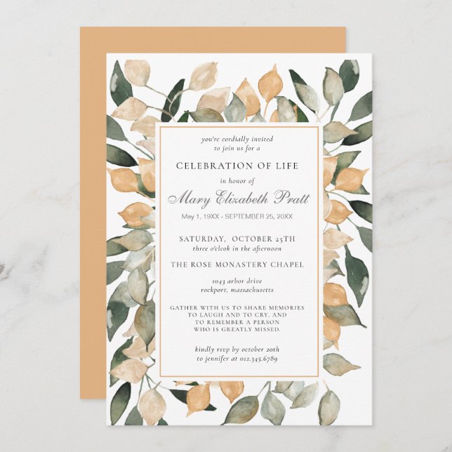 Feier des Lebens Dusty Terracotta Botanisch Einladung (Vorne/Hinten)