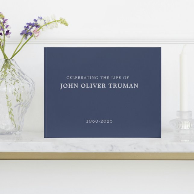Feier des Lebens einer persönlichen Trauerfeier Gästebuch (calligraphy navy blue rustic country in loving memory for memorial service of life funeral guestbook)
