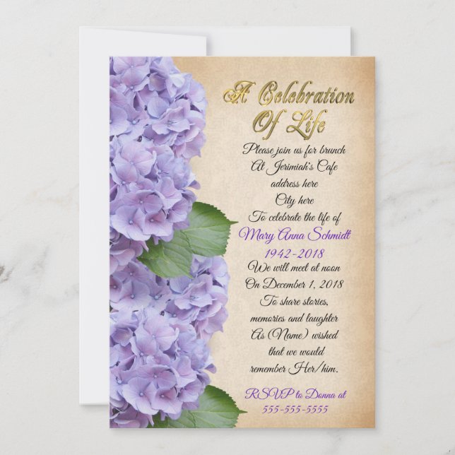 Feier des Lebens Einladung Hydrangea (Vorderseite)