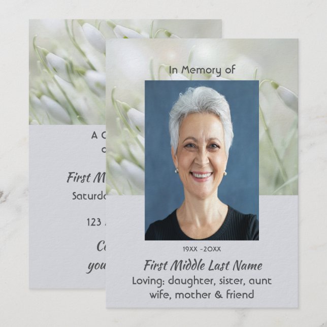 Feier des Lebens Gedenkblumen Schneeglöckchen Einladung (Vorne/Hinten)
