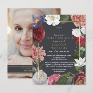 Feier-des-Lebens-Goldkreuz-Rosen-Blumen-Foto Ankündigungspostkarte