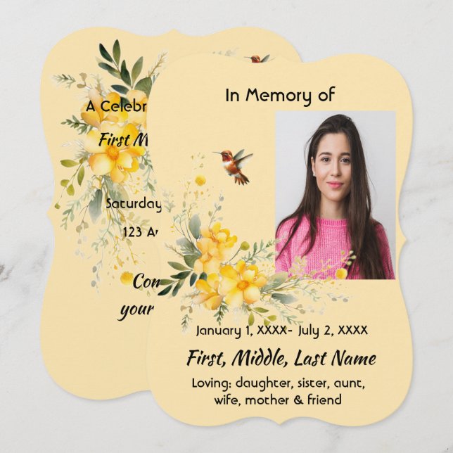 Feier des Lebens Hummingbird Gelbe Rosen Einladung (Vorne/Hinten)