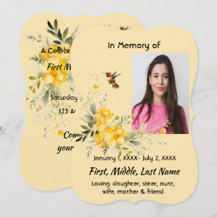 Feier des Lebens Hummingbird Gelbe Rosen Einladung