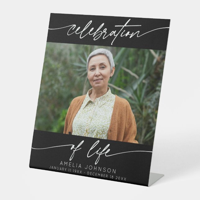 Feier des Lebens Moderne Drehbuch Foto Beerdigung Sockelschild (Vorderseite)