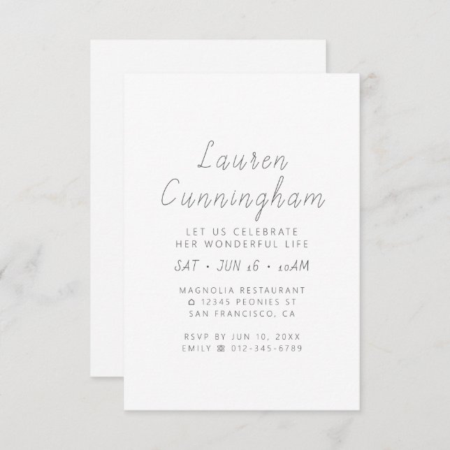 Feier ihres wunderbaren Lebens Moderne Einfach Einladung (Vorne/Hinten)