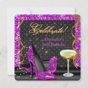 Feier Pink Lila Schwarz Glitter Geburtstagsfeier Einladung