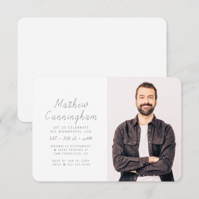 Feier seines wunderbaren Lebens Modernes Foto Einladung (Vorne/Hinten)