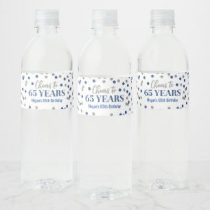 Feier zu 65 Jahren Blue Silver Confetti Geburtstag Wasserflaschenetikett