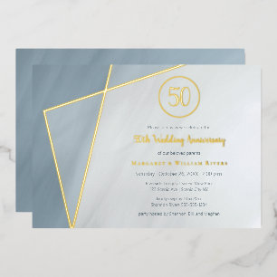 Feier zum 50. Jubiläum staubblaue goldene Rahmung Folieneinladung