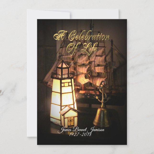 Feier zum Leben Einladung Schiff und Leuchtturm (Vorderseite)