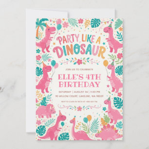 Feiere wie ein Dinosaurier rosa Dinosaurier Geburt Einladung