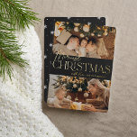 Feierliche Begrüßung | Frohe Weihnachten 2 Foto Folien Feiertagskarte<br><div class="desc">Unser festliches und elegantes Design ist der perfekte Weg,  um zwei Ihrer beliebten Fotos zu zeigen. Design zeigt "Merriest Christmas" in glänzender Goldfolien-Typografie und handgeschriebenes Skript,  mit Ihrem Familiennamen. Karten kehren zu einem weißen Winterschneeflockenmuster zurück.</div>