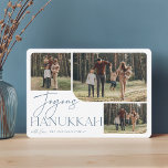 Feierliche Begrüßung | Joyous Hanukkah 3 Foto Feiertagskarte<br><div class="desc">Unser festliches und elegantes Hanukkah-Kartendesign ist der perfekte Weg,  um drei Ihrer beliebten Fotos zu präsentieren. Horizontal oder landschaftlich orientiertes Design mit "Joyous Hanukkah" in staubblauer Terrakotta-Typografie und handgeschriebenem Skript,  unter dem Ihr Familienname auf weißem Hintergrund steht.</div>