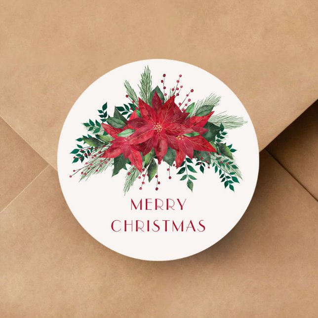 Feierliche Blumenrote Poinsettia Frohe Weihnachten Runder Aufkleber (Festive Floral Red Poinsettia Merry Christmas Classic Round Sticker)