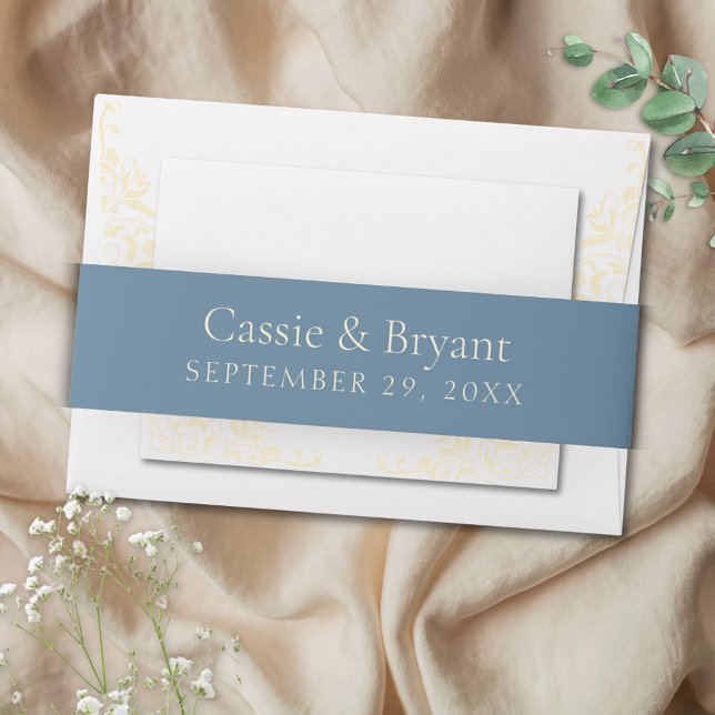 Feierliche Buttergelbe Vintage-Hochzeit Einladungsbanderole (Vintage butter yellow and dusty blue romantic wedding invitation belly bands)