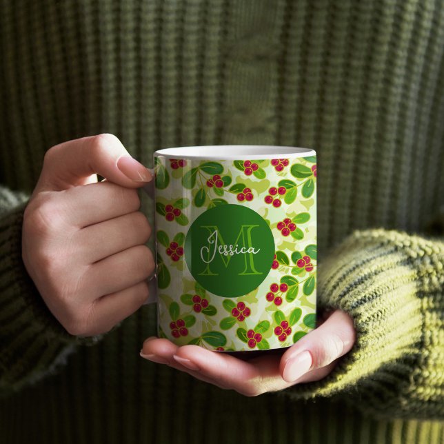 Feierliche Cranberry Fruchtmuster, grün Kaffeetasse (Festive Cranberry Monogram Mug)