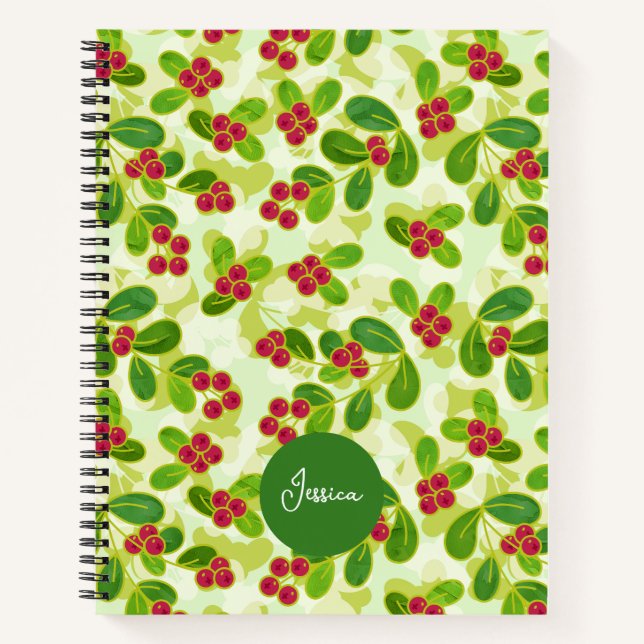 Feierliche Cranberry Fruchtmuster, grün Notizbuch (Vorderseite)