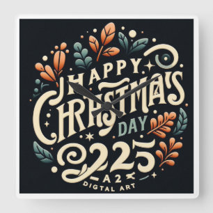 Feierliche Eleganz: Lebhafte Weihnachten 2025 Gruß Quadratische Wanduhr