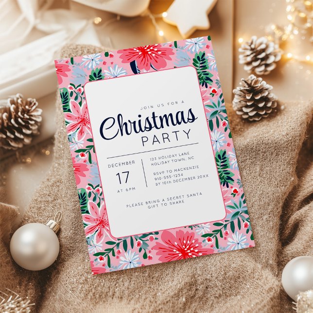 Feierliche Feierlichkeiten in Rosa Tropical Floral Einladung (Tropical Pink Floral Christmas Party Invite)