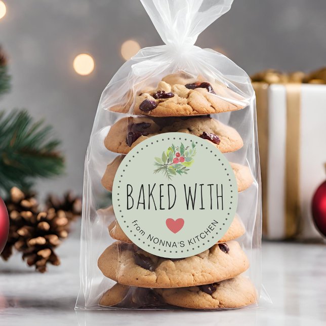 Feierliche Feiertage Grüne gebacken mit Liebe Runder Aufkleber (Festive Holiday Greenery Baked With Love Classic Round Sticker)