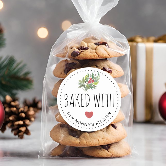 Feierliche Feiertage Grüne gebacken mit Liebe Runder Aufkleber (Festive Holiday Greenery Baked With Love Classic Round Sticker)