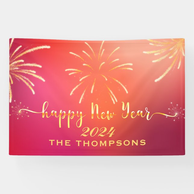 Feierliche Feuerwerke Frohes Neues Jahr Rot und Go Banner (Horizontal)