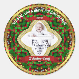 Feierliche Foto-Feiertage in Red Green Gold Family Runder Aufkleber