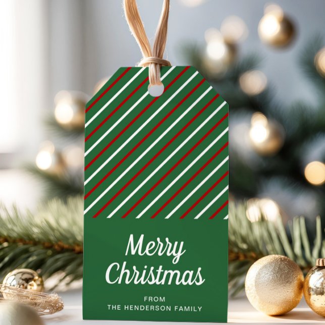 Feierliche Frohe Weihnachtsgestreichte Grüne Gesch Geschenkanhänger (Festive Merry Christmas Striped Green Gift Tags)