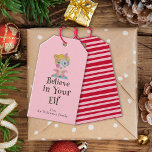 Feierliche Funny Pun Elf Rosa Roter Streifen Weihn Geschenkanhänger<br><div class="desc">Dieses minimale "Glaube an deinen Elf"-Geschenk-Tag zeigt handgezeichnete Weihnachtself Hut auf der Vorderseite und ein Retro-Rosa und rote Streifen auf der Rückseite,  die eine Touch nostalgischer Launen. Originelle Kunst von Malissa Melrose.</div>