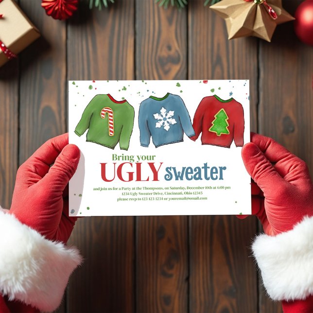 Feierliche Funny Ugly Sweater Weihnachten Einladung (Ugly sweater Christmas party invitation.)